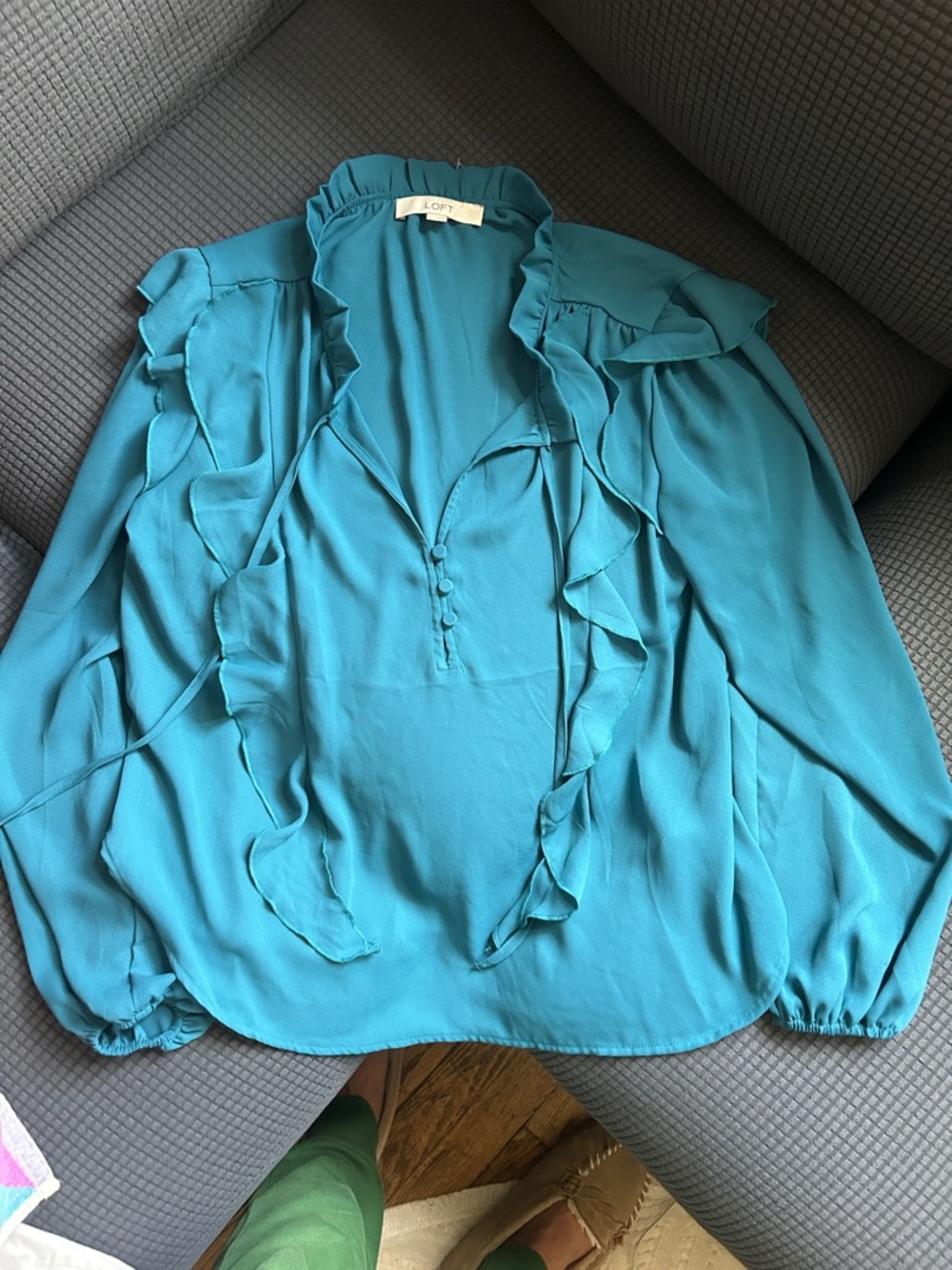 LOFT peacock blue Teal Ruffle V-Neck Long-Sleeve Blouse